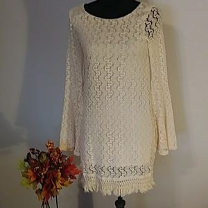 Nordstrom rack Love,Fire lace knit/crochet bohemian shift dress with bell sleeve
